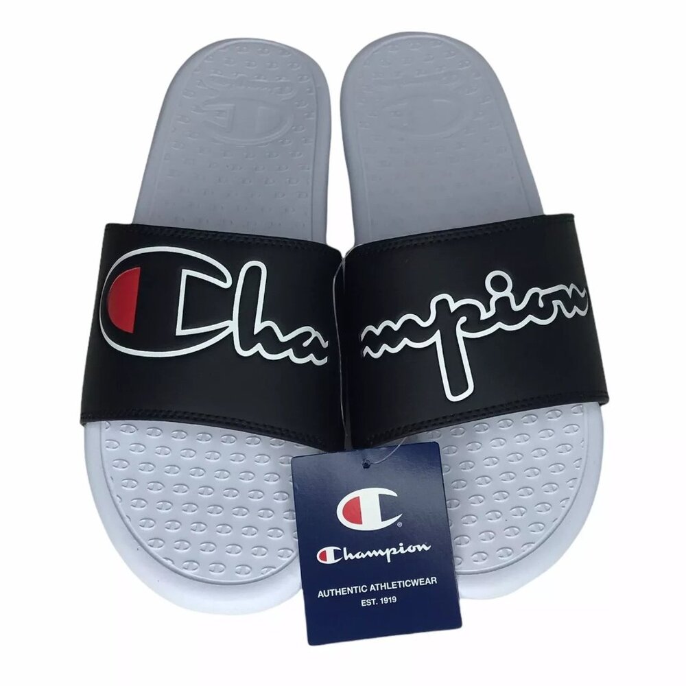 Champion Men’s‎ Pool Slide Sandals Size 12 White-Black Lightweight Slip-On Style